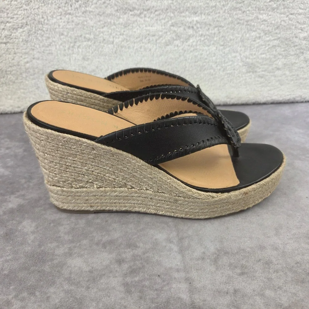 Jack Rogers Black Leather Whipstitch Rondelle Espadrille Wedge Sandals Womens 9M